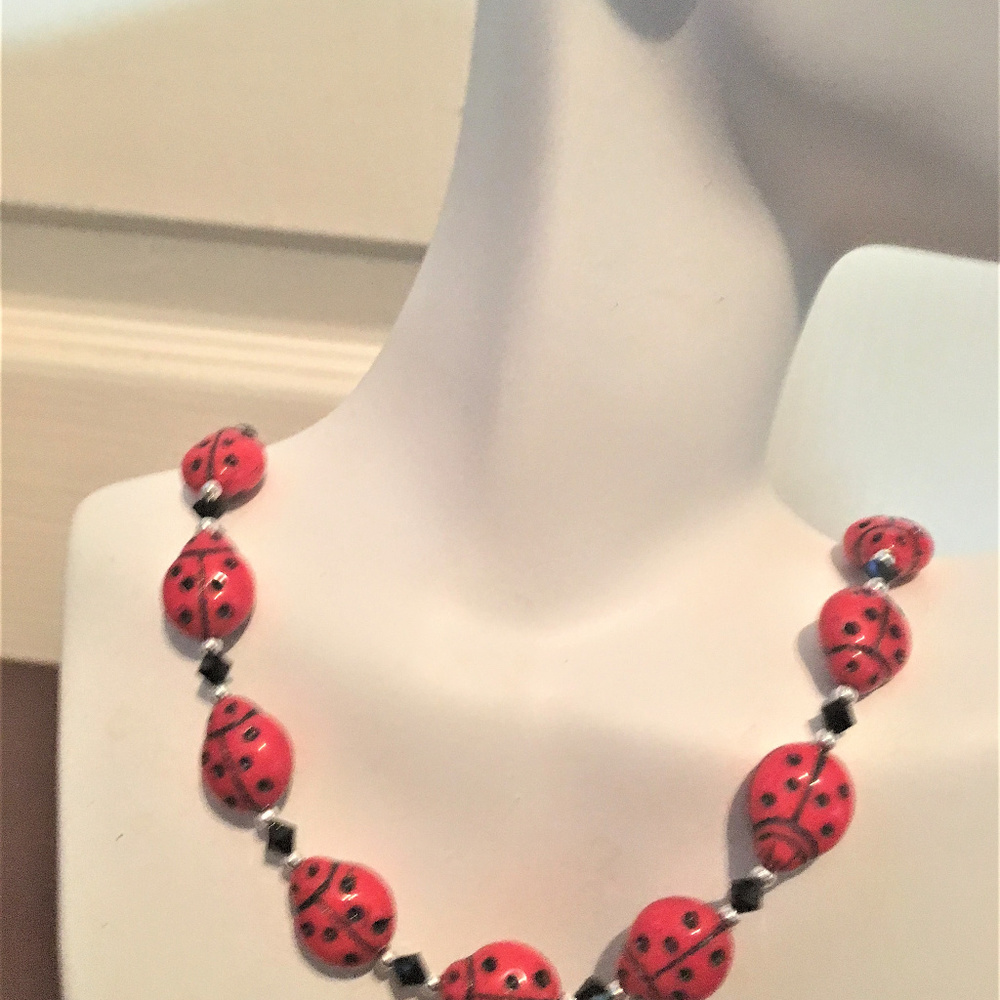 Ladybug & Jet Black Crystal Necklace #1253